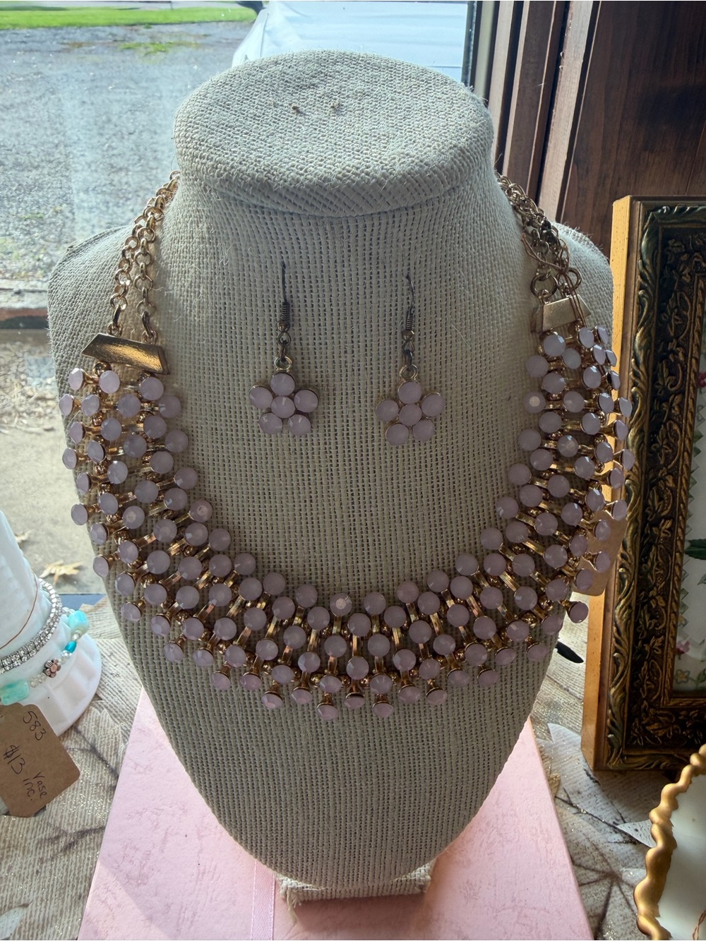Vintage Delicate Pink Floral Bib Necklace and Earrings Set